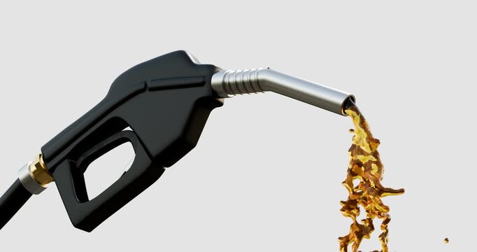 Photorealistic 3D animation of a black fuel pump nozzle dispensing gasoline against a white background