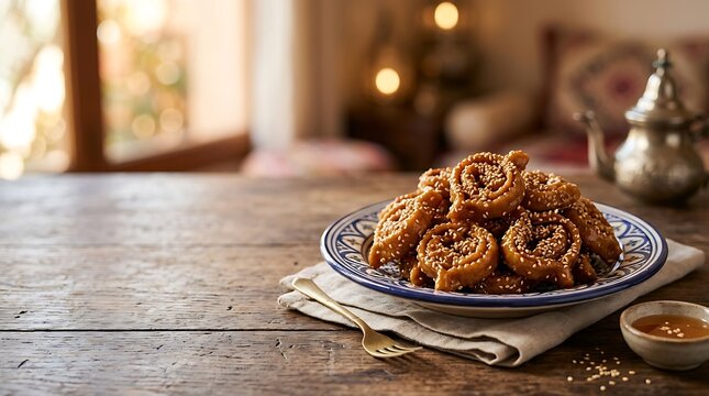 Moroccan chebakia cookies served on a rustic wooden table