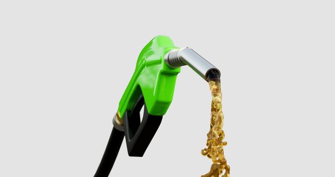 Photorealistic 3D animation of a green fuel pump nozzle dispensing gasoline against a white background