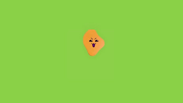 Animated orange blob characters bouncing across vibrant green background in playful motion graphic with faces bouncing rhythmically displays three cartoonish across bright lime