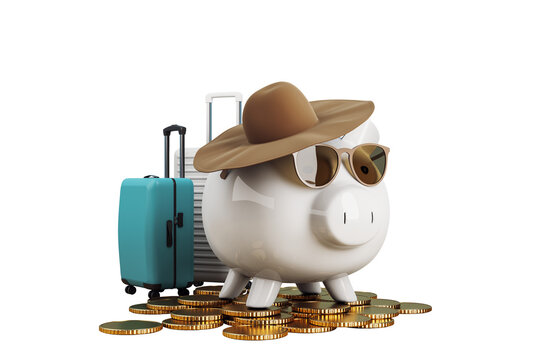 Piggy bank in straw hat and sunglasses with suitcases on golden coins in clean modern style on white background, concept of travel savings. 3D Rendering