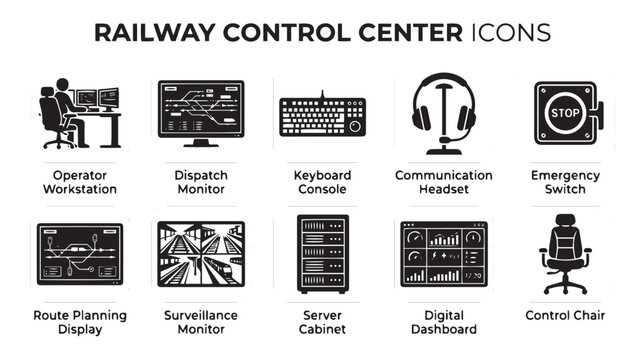 Railway control center icons set, black vector pictograms for train dispatch and logistics management, industrial monitoring station equipment