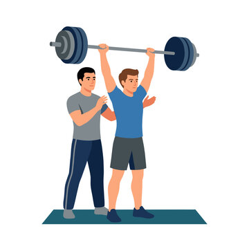 Man lifting heavy barbell with spotter in gym.