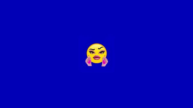 Animated emojis with glamorous makeup features floating across a solid vibrant blue background with moving horizontally across heavy makeup manicured displays three yellow style