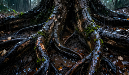 Fototapeta premium Tree roots sprawl across the mossy forest floor while raindrops fall steadily during a dark afternoon.