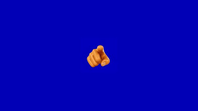 Three cartoon style orange hands pointing forward isolated against a solid blue background with each pointing directly forward rhythmic sequence against vibrant blue screen finger