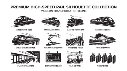 Premium high-speed rail silhouette collection, modern transportation icons set, black and white railway infrastructure vector illustrations © Rehana