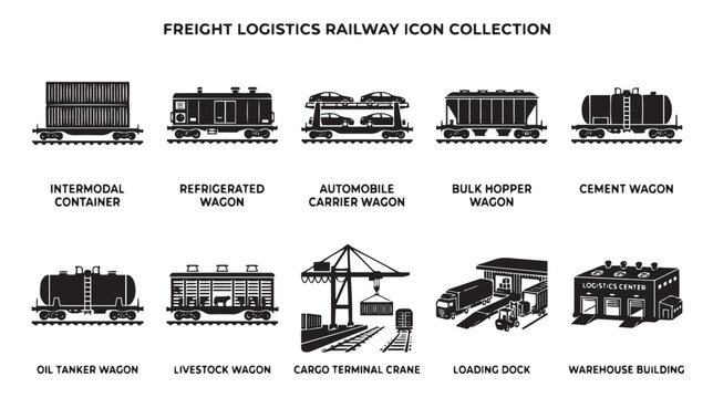 Freight logistics railway icon collection, black train wagon silhouettes for cargo transport, industrial shipping and rail delivery vector set