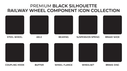 Premium black silhouette railway wheel component icon collection, set of 10 train part vector symbols, industrial transport engineering icons © Rehana