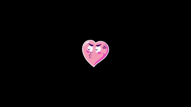 Cute animated heart emoji with kissing face expression sliding across black background for social media with video pink animated character kissing animation affection romantic