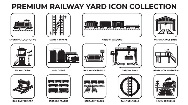 Premium railway yard icon collection, 14 black and white train station vector symbols, industrial freight and rail infrastructure logistics set