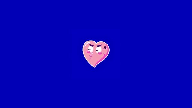 Pink heart emoticon showing annoyed expression with pouting lips against vivid blue background with character displaying grumpy video repetitive animated isolated solid bright