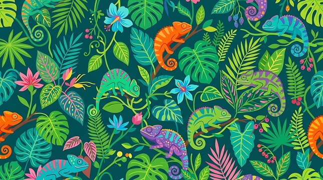 Tropical seamless pattern with colorful chameleons and exotic leaves