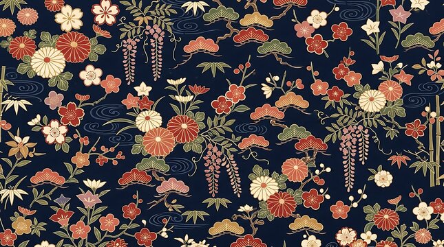 Traditional japanese floral pattern on dark blue background