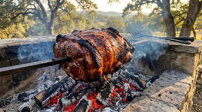 Whole lamb roasting on a metal spit over hot charcoal fire in a beautiful outdoor garden setting. fire-cooked pork