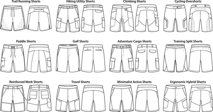 Set of mens shorts fashion flat sketches front and back views for apparel technical design templates