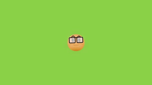 Three identical nerd emojis floating horizontally against a solid bright green background backdrop with horizontally across vibrant identical round orange black glasses floating