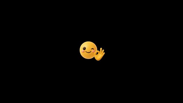 Winking emoji with ok hand gesture floating across dark background in digital animation with repeating sequence winking yellow emoji character solid black background expression