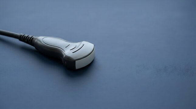 Ultrasound transducer probe on a smooth blue medical surface