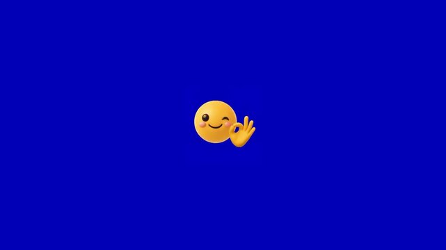 Winking smiley faces making hand gestures against a vivid blue background pattern with displays repeating horizontal gesture against solid pattern small yellow communication