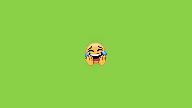 Repeating laughing emojis moving across a bright solid green background for creative digital design with horizontally across vibrant displays row multiple emojis tears joy humor