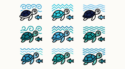 Obraz premium Cute Flat Vector Sea Turtle and Small Fish Icons with Stylized Waves, Set of Nine Variations in Blue and Teal Tones, Simple Marine Life Graphics