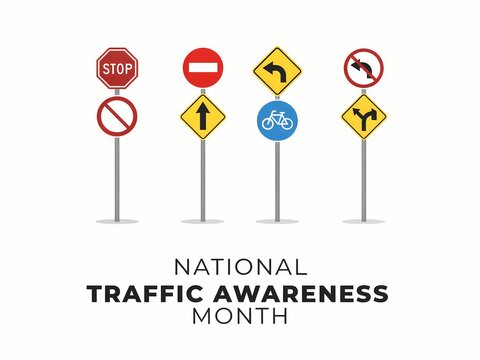 National Traffic Awareness Month conceptual graphic design featuring various regulatory and warning road signs set