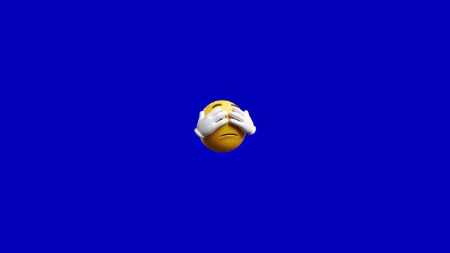 Three identical shocked emoticon characters peeking through hands against solid blue studio background with positioned horizontally against yellow emoji characters video three
