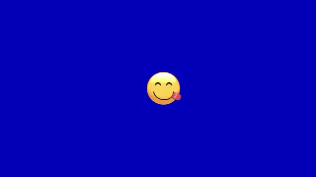 Three yellow licking tongue emoticons arranged horizontally against a solid vibrant blue background surface with positioned straight line against flat displays three identical