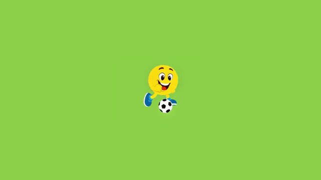 Animated yellow emoticon characters playing soccer games against a solid light green backdrop with characters running dribbling multiple cheerful yellow green background surface