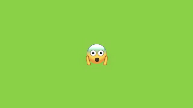 Shocked and confused emojis floating across a solid vibrant green background surface with moving horizontally across background simple digital digital animation style video two