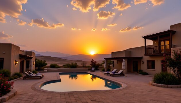 The image depicts a luxurious outdoor pool area at sunset, with the sun just below the horizon casting a warm, golden glow across the scene