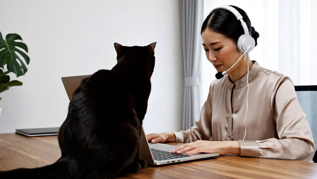 オンラインで話す女性と黒猫