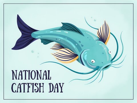 A digital graphic illustration for National Catfish Day featuring a detailed blue fish with long barbels set