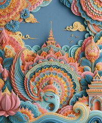 Obraz premium Vertical intricate paper emboss art of vibrant Asian elephant with mandala detail in tranquil setting for mindfulness and meditation aesthetics