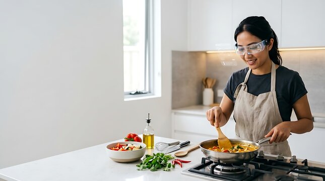 Young woman using smart glasses while cooking in a modern kitchen