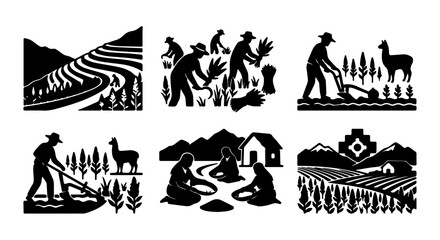 Andean Farming Scenes, Agricultural Terraces, Llama Herding, Rural Life, Black and White Vector Icons © l