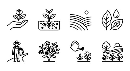 Fototapeta premium Agriculture Icons Set, Farming Vector Graphics, Organic Growth Symbols, Garden Plant Care