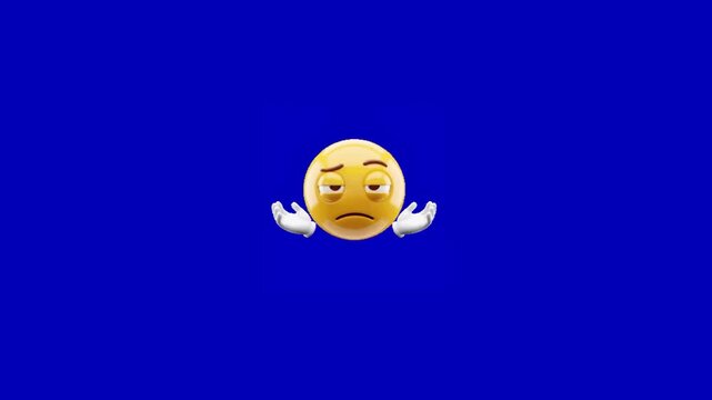 Three identical bored yellow emoticons shrugging repeatedly on solid vivid blue background with expressions shrugging hands video displays three hands unison against uncertainty