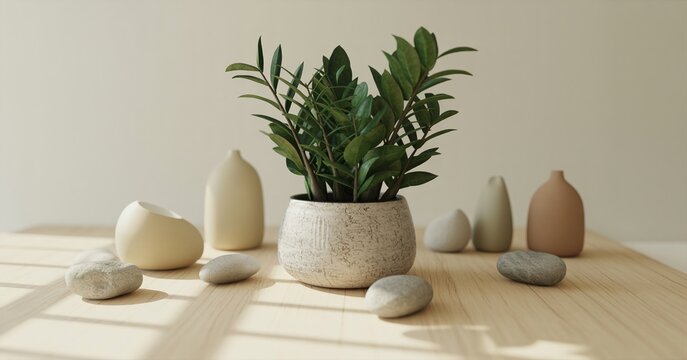 Zen garden still life zz plant ceramic vases and river stones on light wood surface