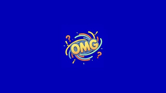 Animated omg text stickers floating across vibrant blue background dynamic motion graphic design with rotating drifting horizontally backdrop smooth continuous cartoon style omg