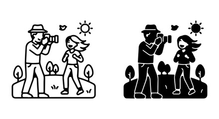 Obraz premium Photographer Capturing Joyful Moment, Outdoor Portrait Session, Vector Icons Set