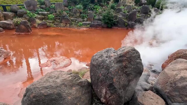 Landscape Umi Jigoku is largest among the Beppu Jigoku hot springs. The beautiful cobalt blue color is due to iron sulphate in the hot spring water Beppu Oita Japan - Smoke Footage Nature 
