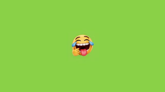 Three rolling laughing emojis moving horizontally across a vibrant green background screen surface with displays three identical laughing emoji icons icons tears tongues digital