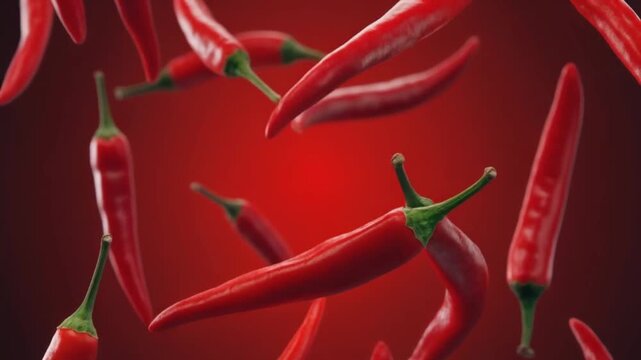 Close-up macro video of fresh red chili peppers floating with realistic lighting reflections, vibrant red color palette, studio background, cinematic composition, and detailed surface textur