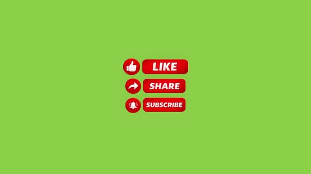 Three sets of red like share and subscribe buttons on green screen background for editing with perfect chroma key editing overlays displays three identical media action buttons