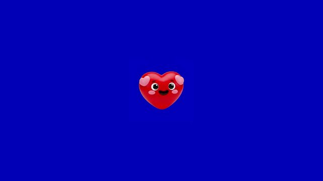 Cute 3d red heart character emoji jumps and bounces playfully against blue background with blush jumping repeatedly video cheerful red heart smiling face celebration friendship