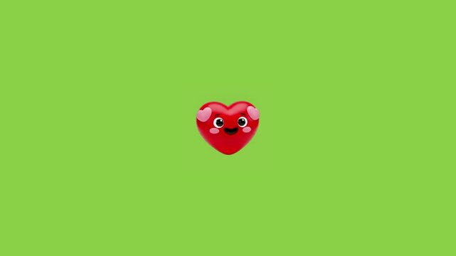 Animated red heart emojis floating across vibrant green background seamless loop motion graphic with faces floating horizontally heart characters happy video displays three love