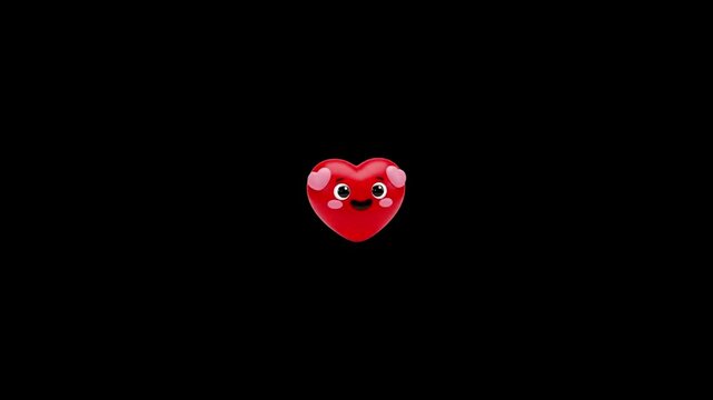 Animated happy red heart characters floating against solid black background for romance themes with floating horizontally across characters cheerful faces video displays three