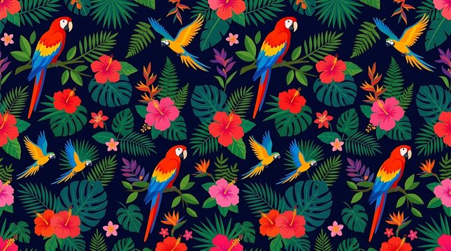 Vibrant exotic pattern with macaws hibiscus and lush green foliage